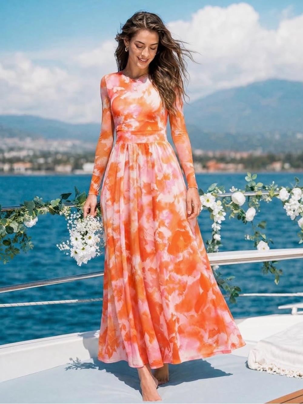 Long-Sleeve Orange Floral Tie-Dye Maxi Dress